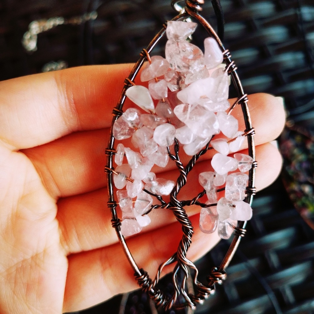 Rose quartz crystal Tree of Life necklace
